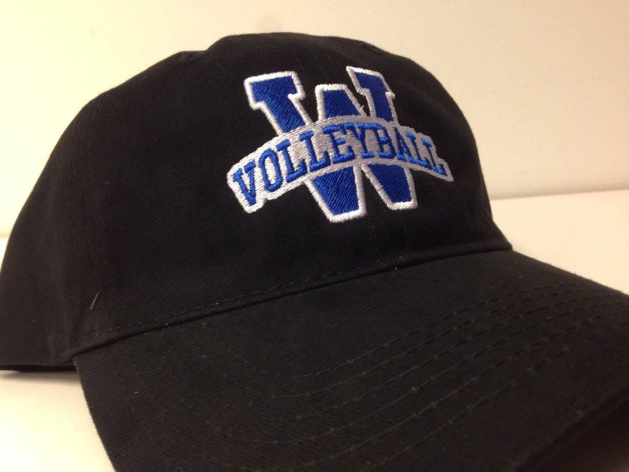 Black baseball cap with blue-and-white “W” logo and “Volleyball” embroidered on the front.