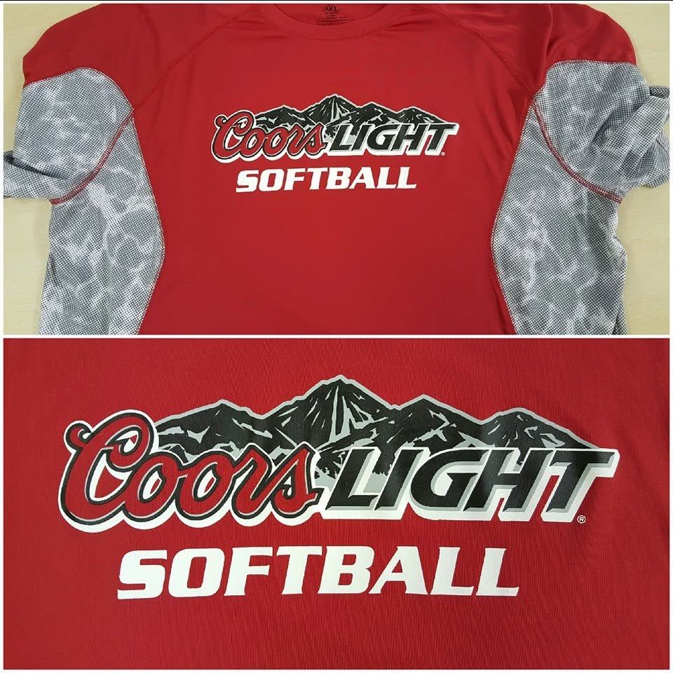 Red Coors Light Softball jersey with gray patterned sleeves and large white-and-black logo