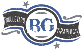Boulevard BG Graphics logo in blue, gray, and black with stars and swooshes