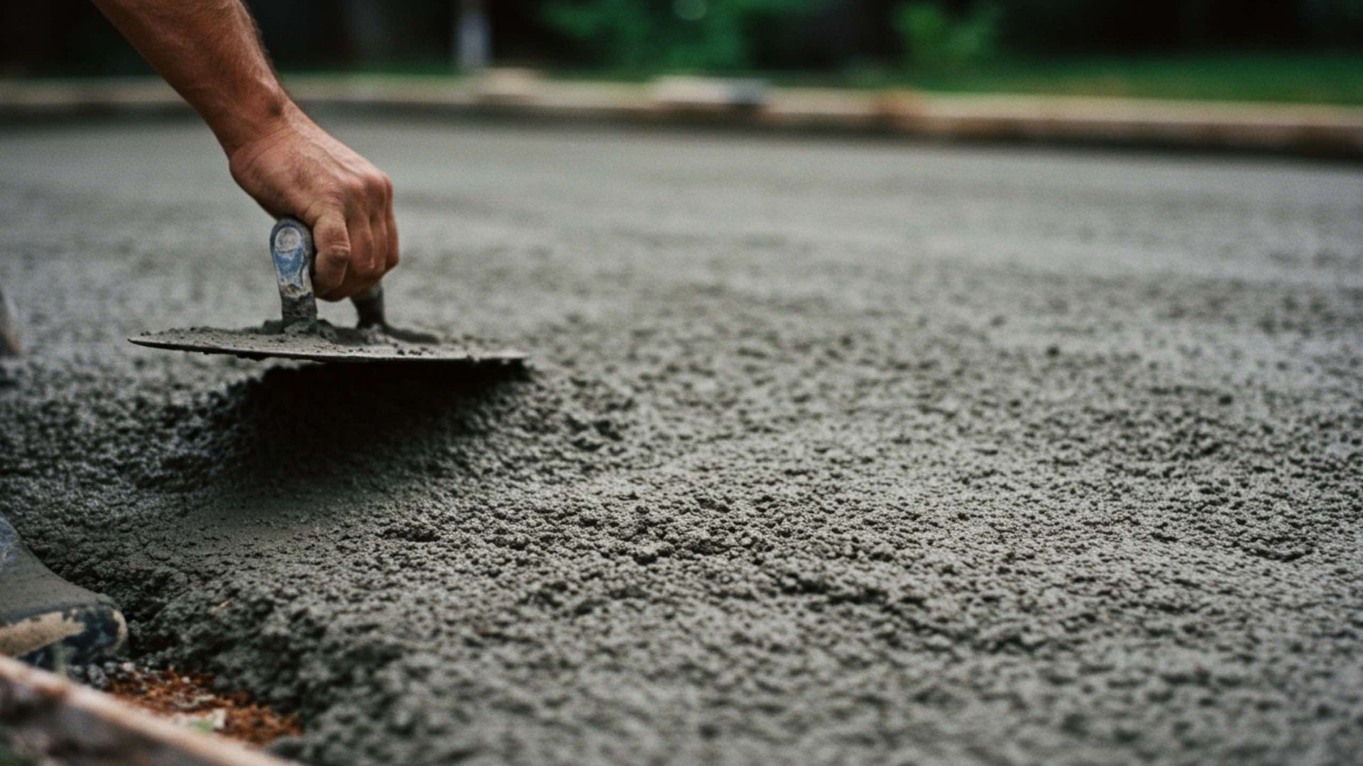 Hand trowels wet concrete; construction worker levels surface.