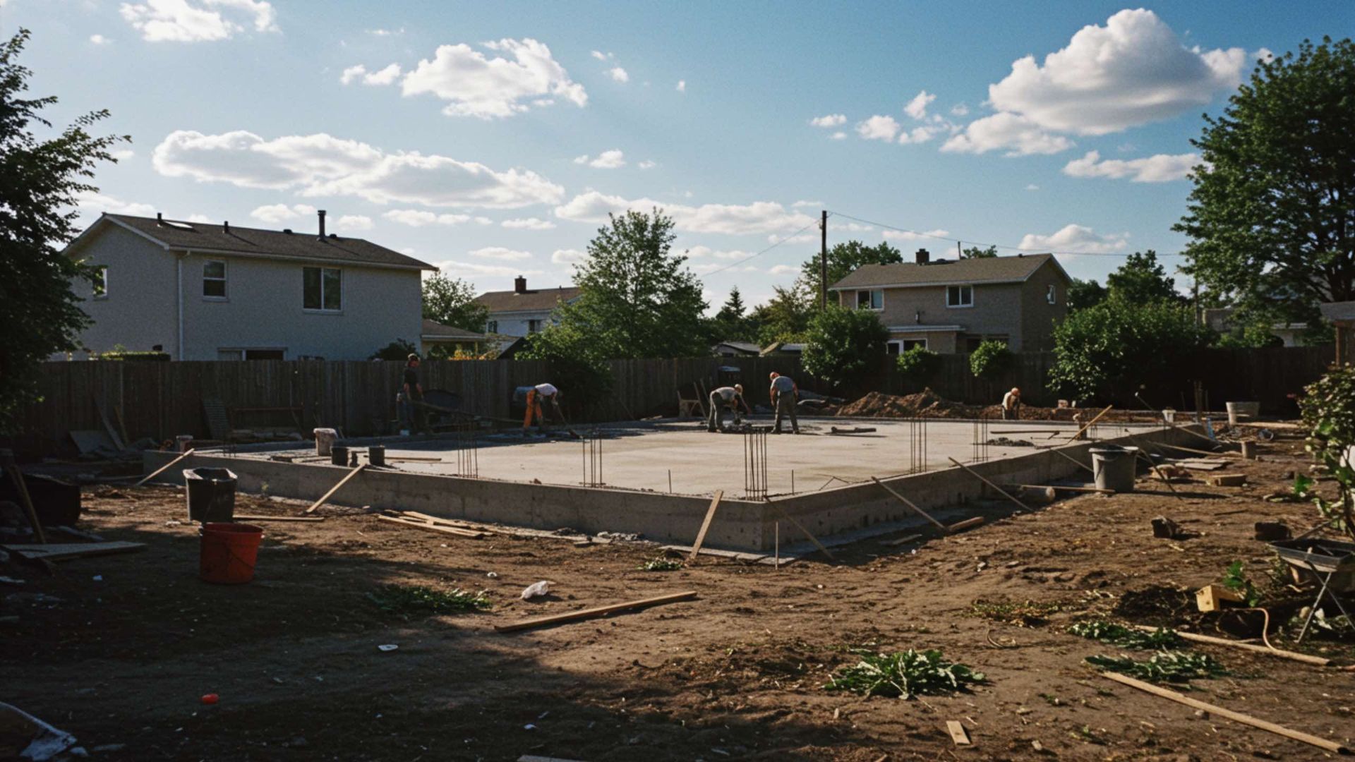 Workers assemble a rectangular concrete foundation in a suburban yard under a blue sky.