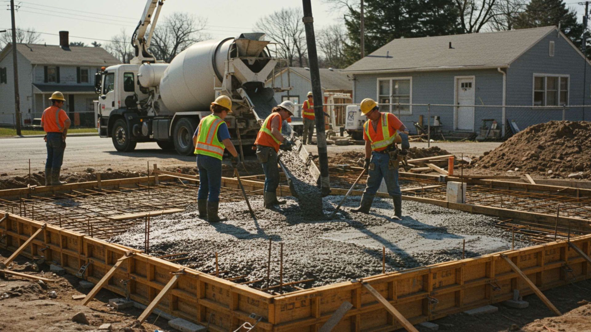 Construction workers pouring concrete from a truck into a wooden form, next to a street and houses.