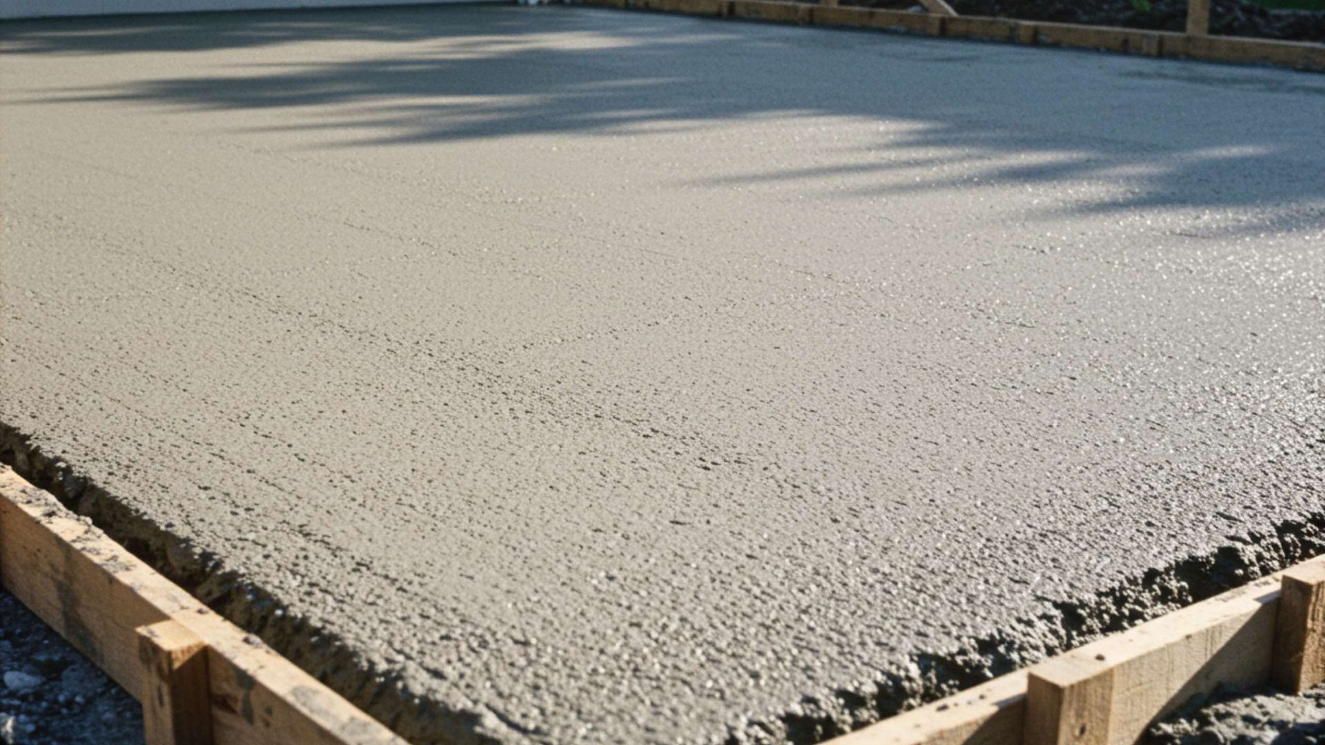 Freshly poured wet concrete slab held within wooden framing on a construction site.