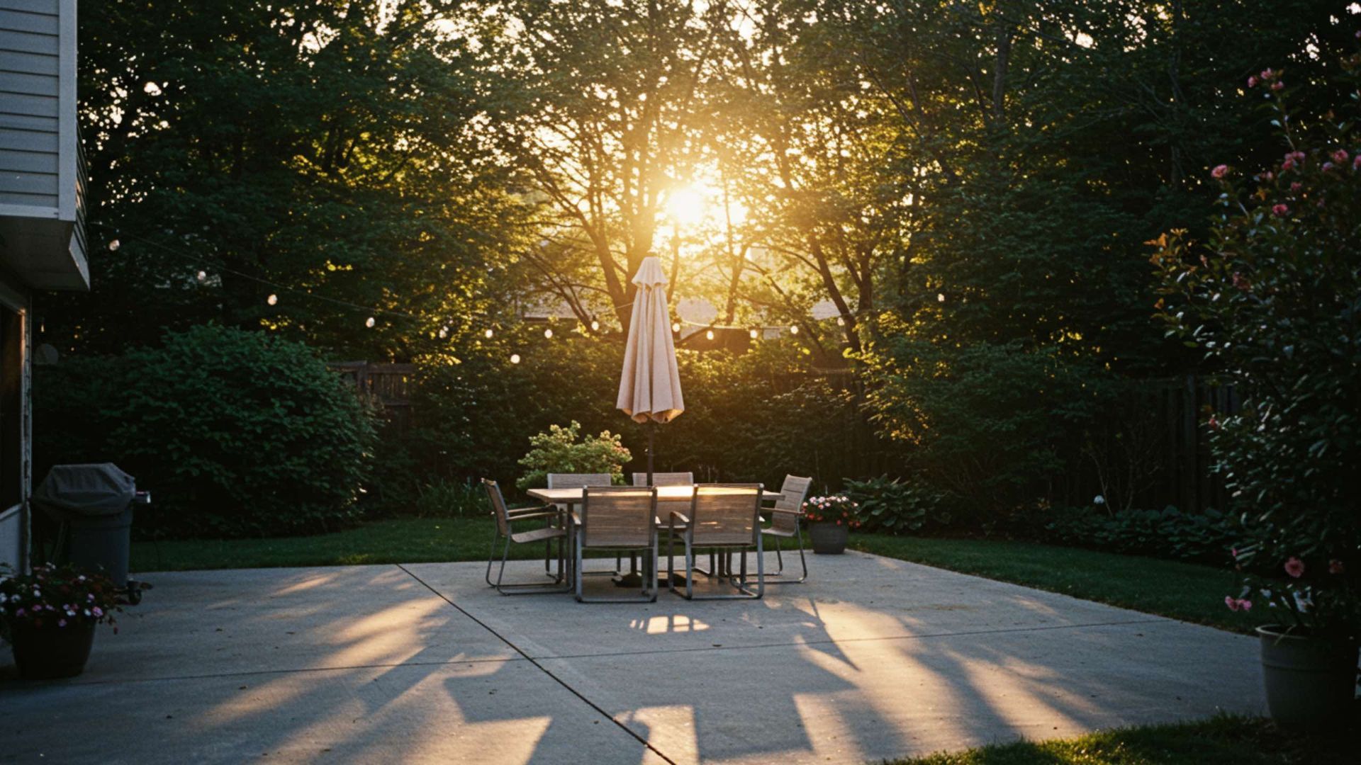 Backyard patio at sunset, table with chairs, lit by golden light filtering through trees.