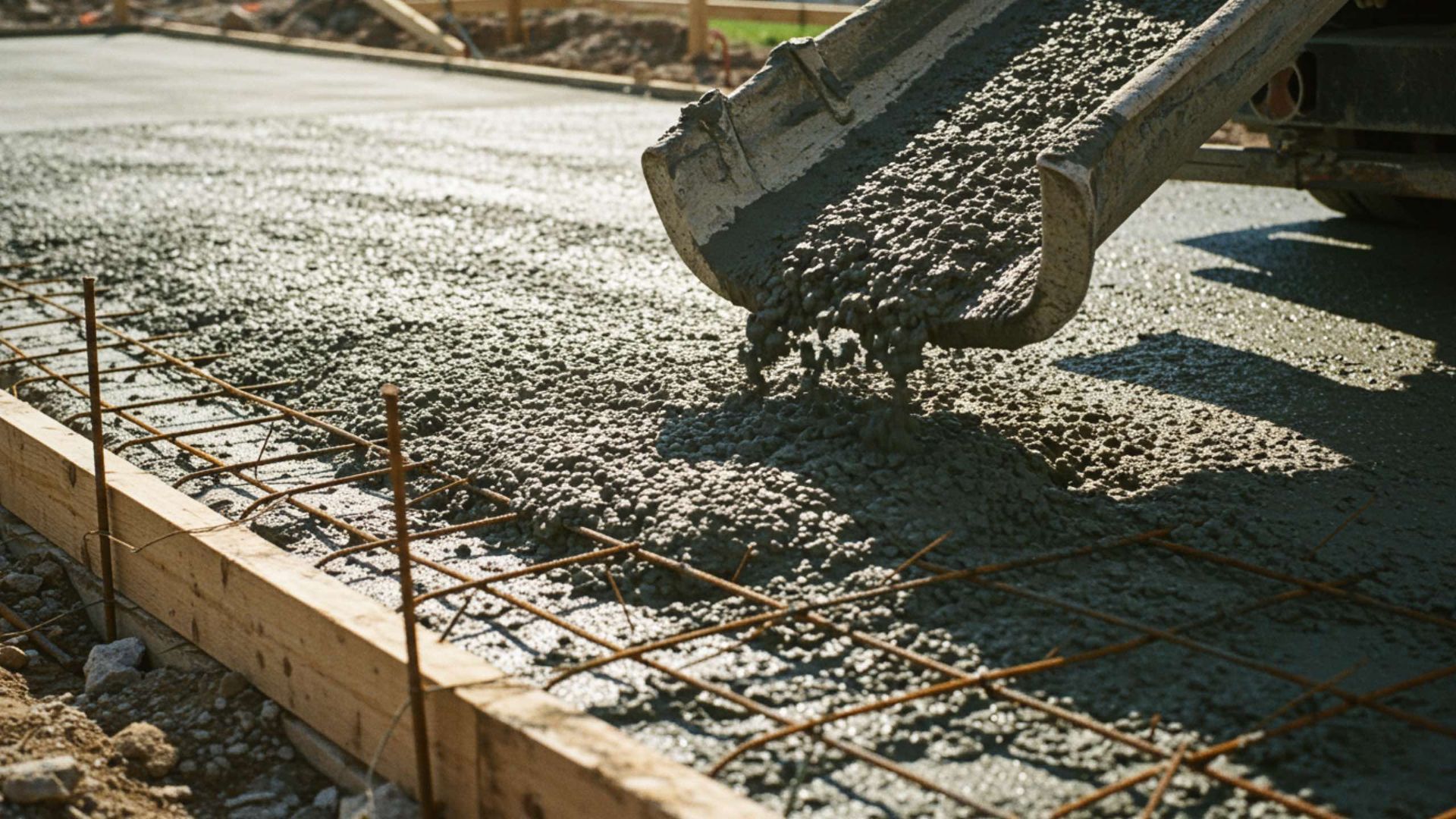 Concrete being poured from a truck into a formwork on top of reinforcing steel mesh.