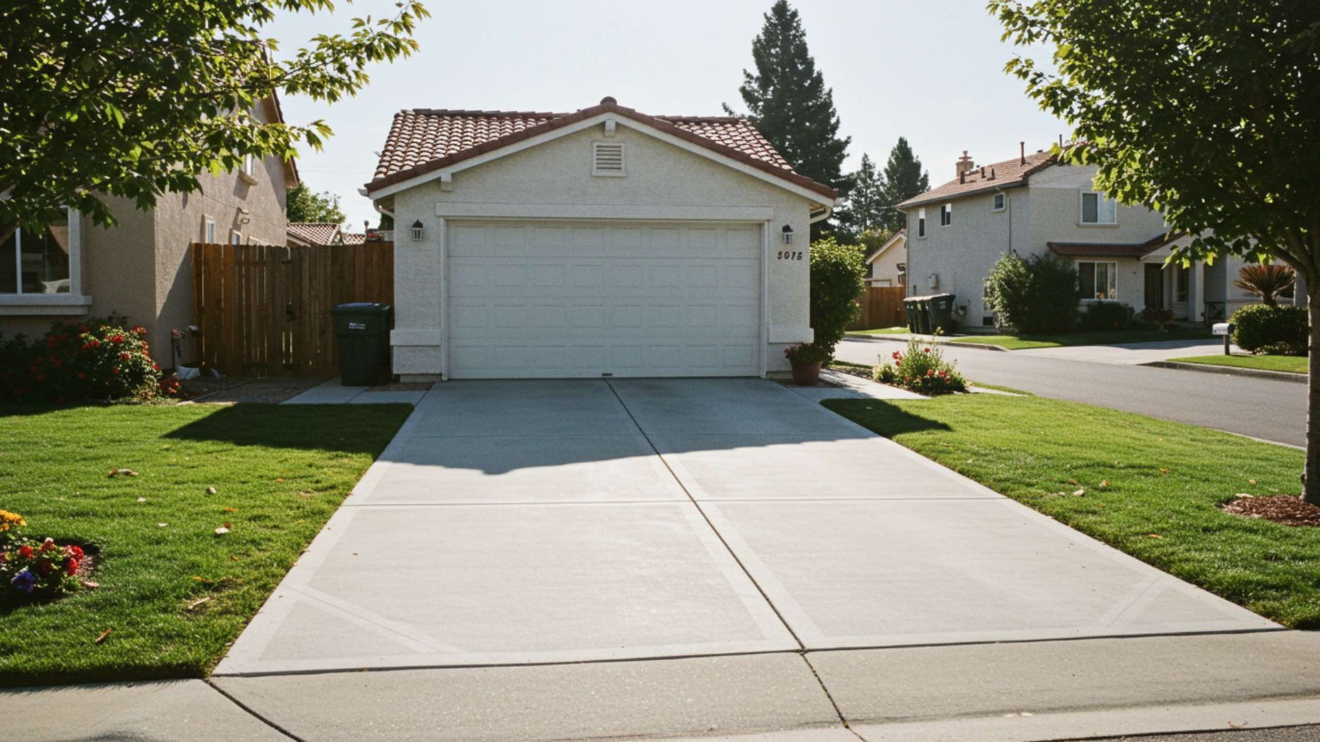 Garage with concrete driveway in a suburban neighborhood.