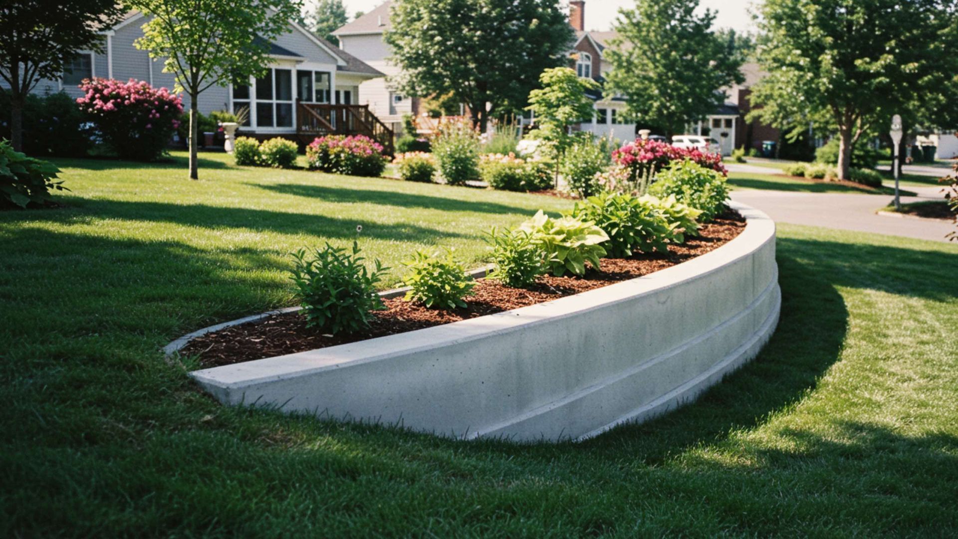 Curved concrete planter filled with plants, on a grassy lawn in front of houses.