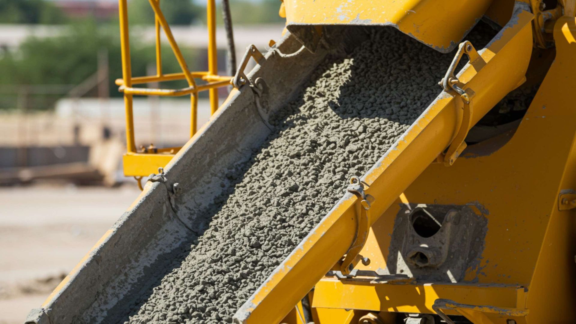 Yellow concrete chute dispensing wet concrete at a construction site.