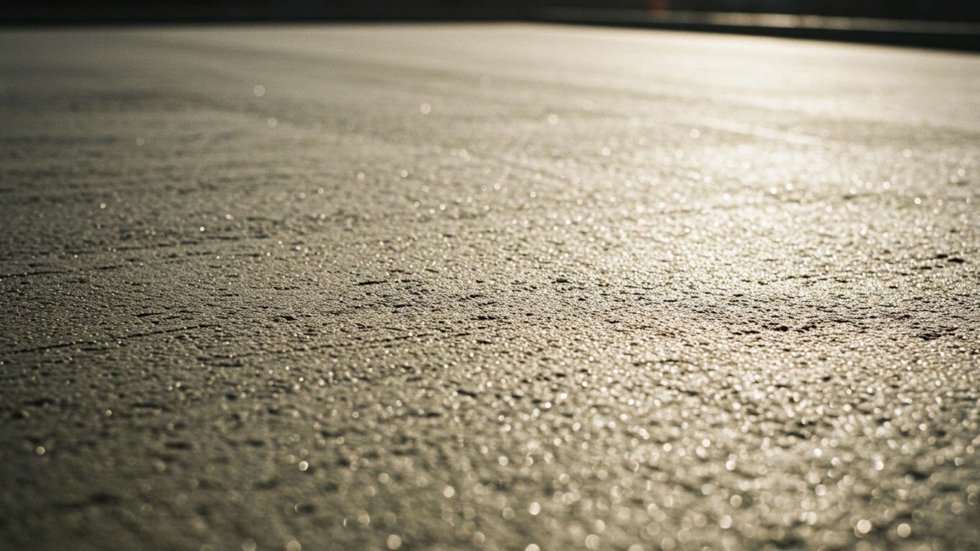Close-up view of asphalt road surface reflecting sunlight, appearing textured and granular.