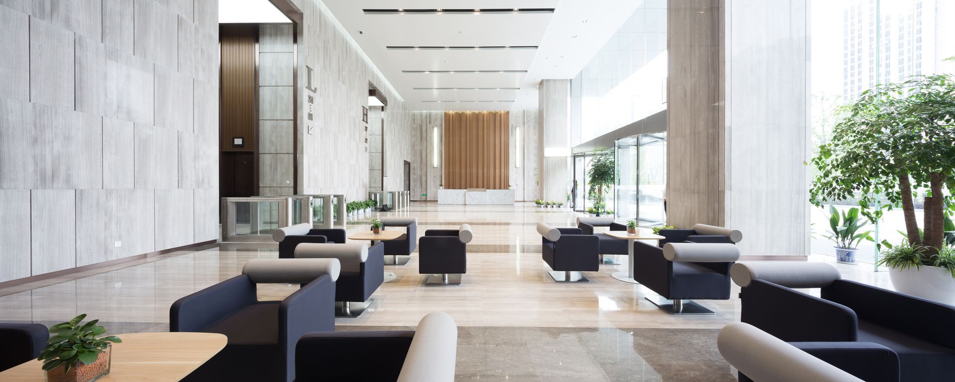 Modern bright office lobby with black seating, tall windows, and potted plants