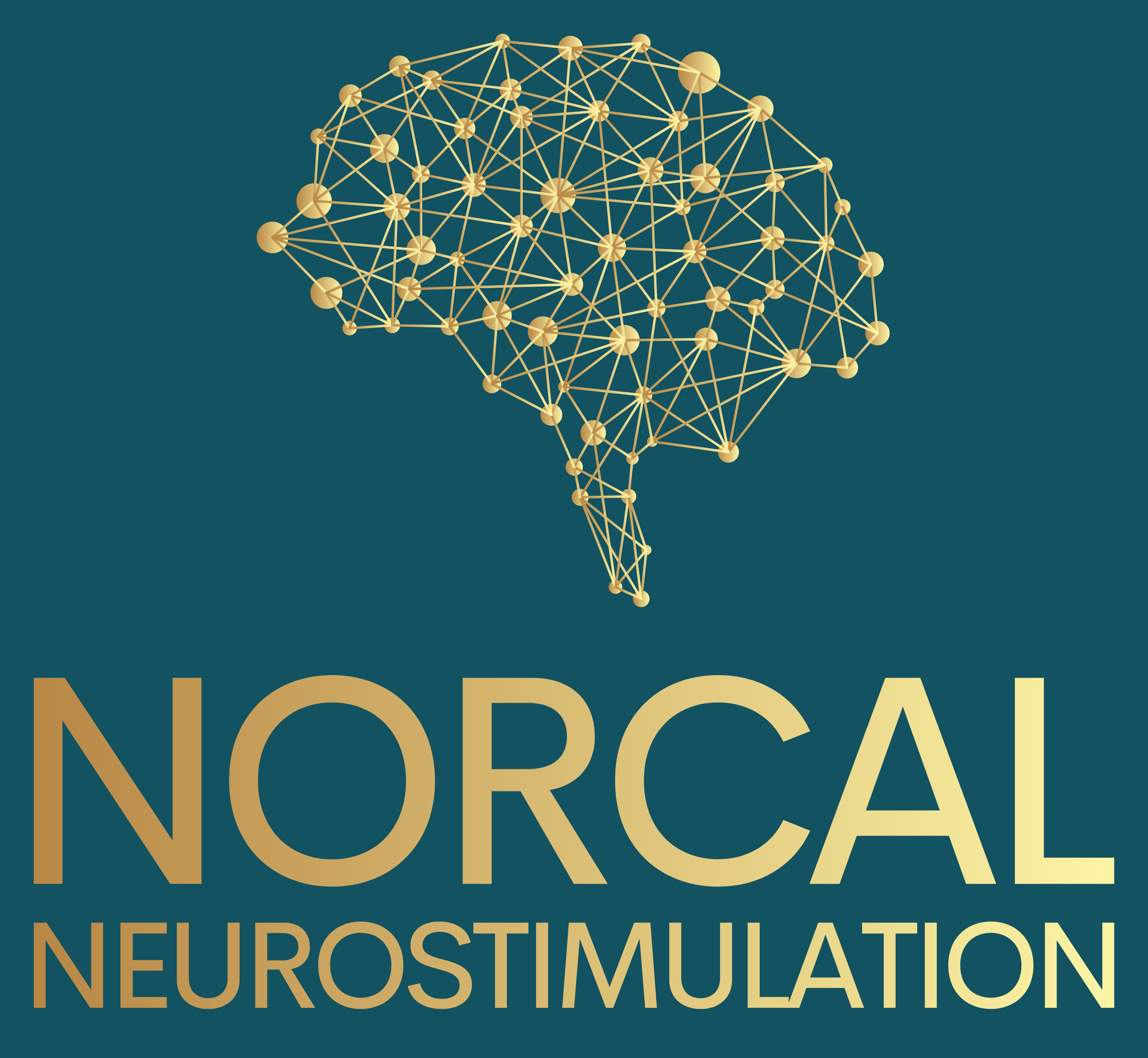 Logo for Norcal Neurostimulation: a gold, wireframe brain network design on a dark teal background.