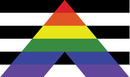 A rainbow-colored chevron pointing upward, superimposed over a background of horizontal black and white stripes.