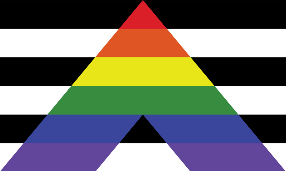 A rainbow-colored chevron pointing upward, superimposed over a background of horizontal black and white stripes.