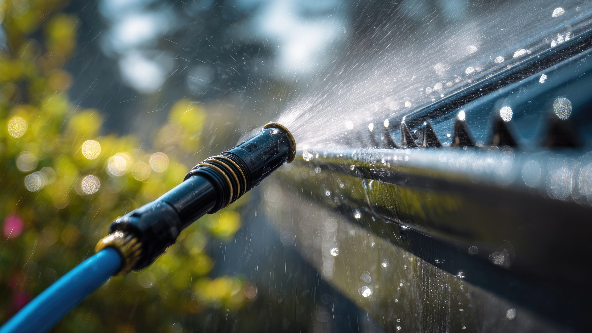 A hose spraying water into a gutter, cleaning it. Blue hose, black gutter, sunny background.