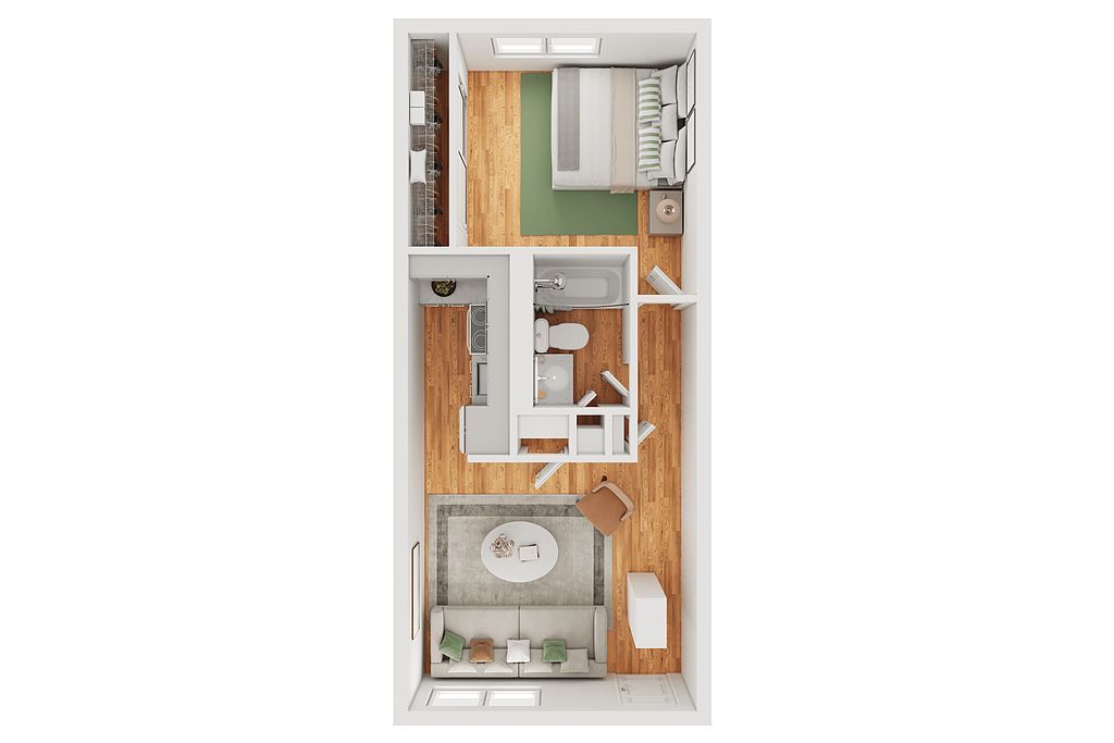 An aerial view of a floor plan of a small apartment.