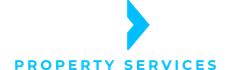 The logo for property services has a blue arrow pointing to the right.
