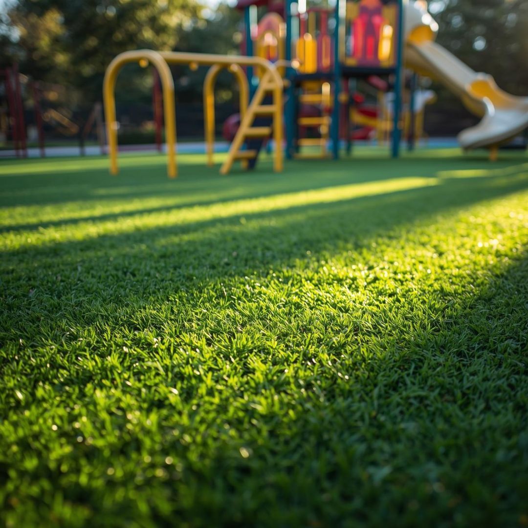 Green grass in the foreground with a playground set in the background, bathed in sunlight.