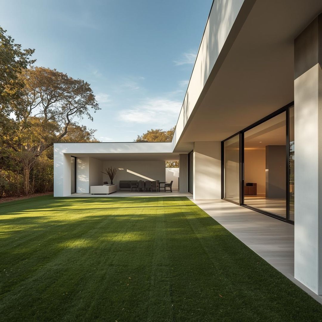 Two-story brick house with a winding walkway through the green lawn.