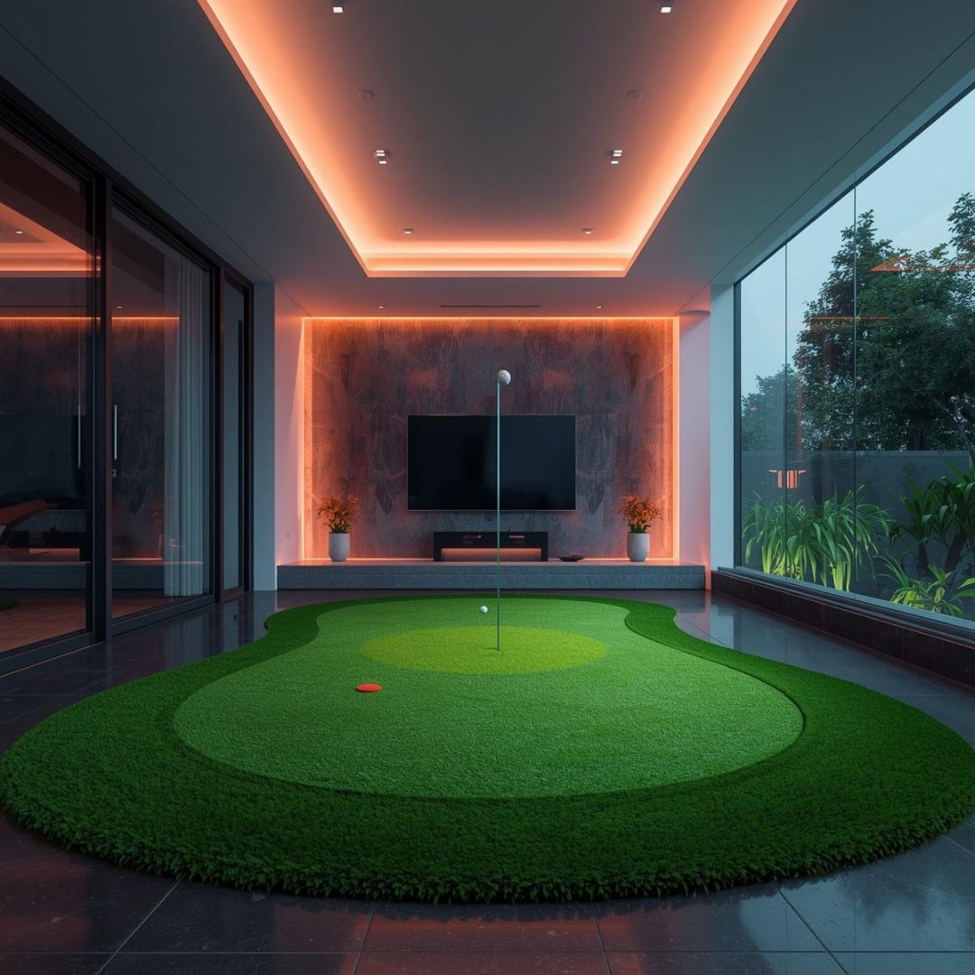Indoor putting green with a television, plants, and large window.