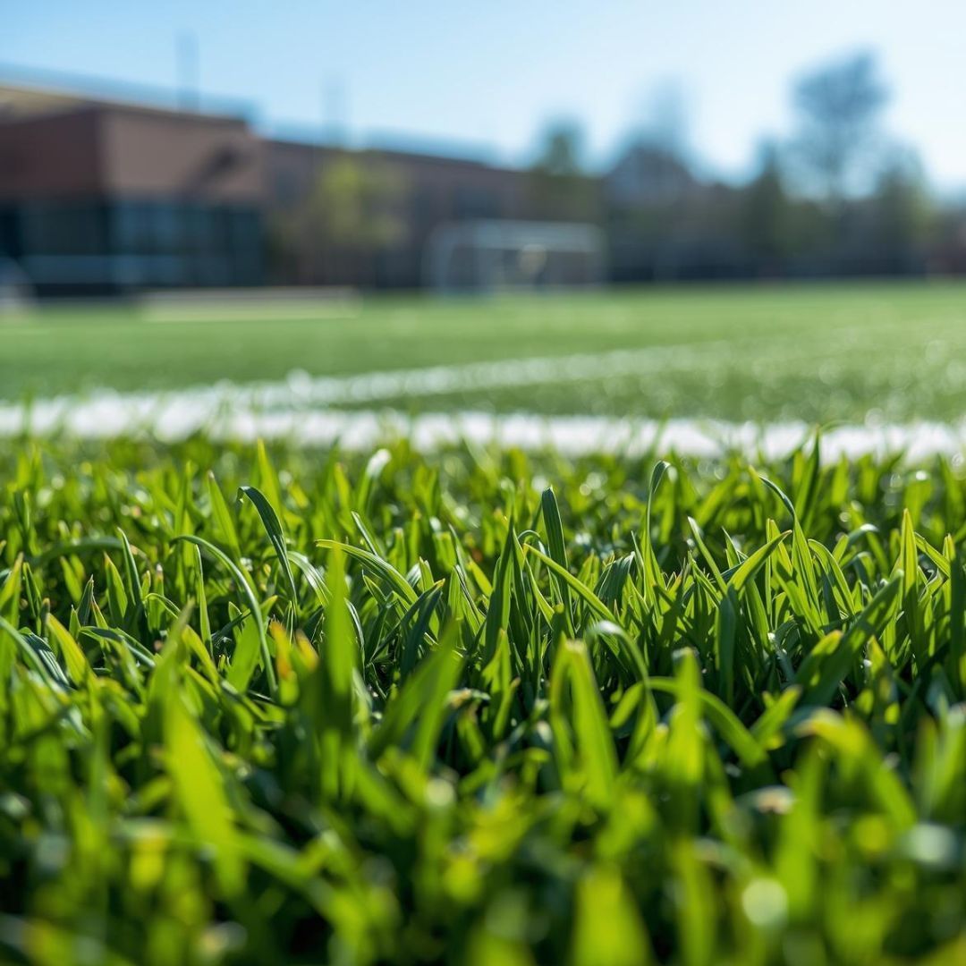 Close-up of bright green grass on a soccer field, white line, blurred building in background.