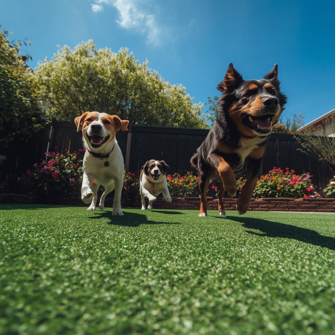 Three dogs running on fake grass under a blue sky, smiling happily.