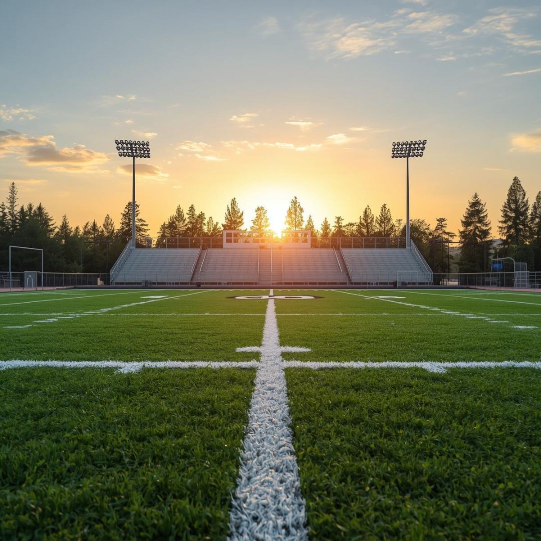 Football field at sunset, stadium seating in background, bright sun setting.