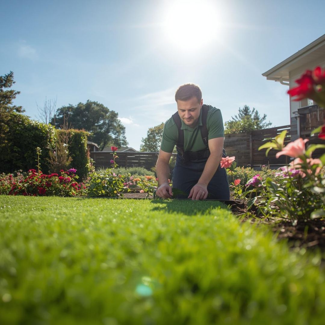 Man tending a fake lawn in a sunny garden, kneeling over, wearing overalls.