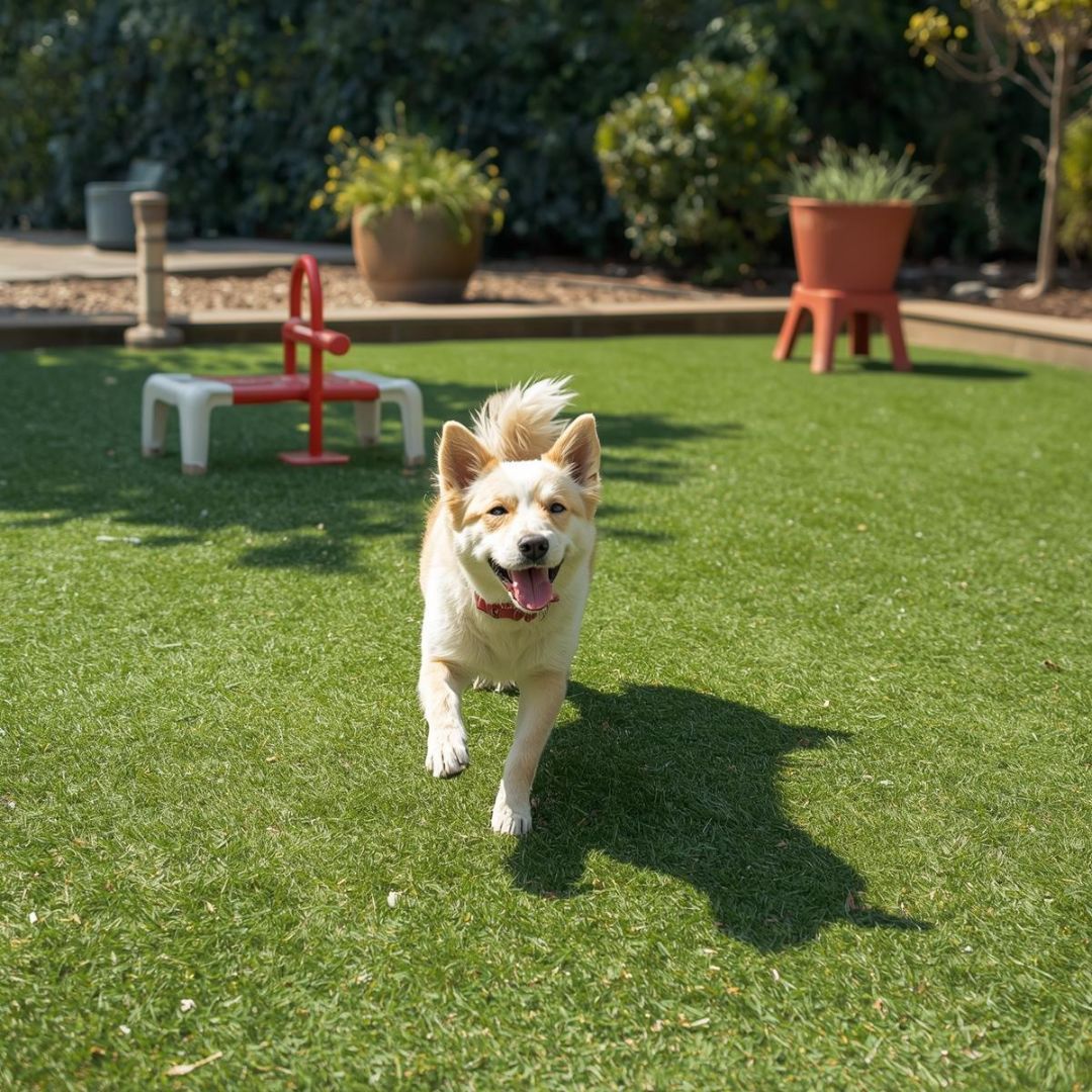 Happy, tan dog running on green turf in a sunny outdoor area, tongue out.