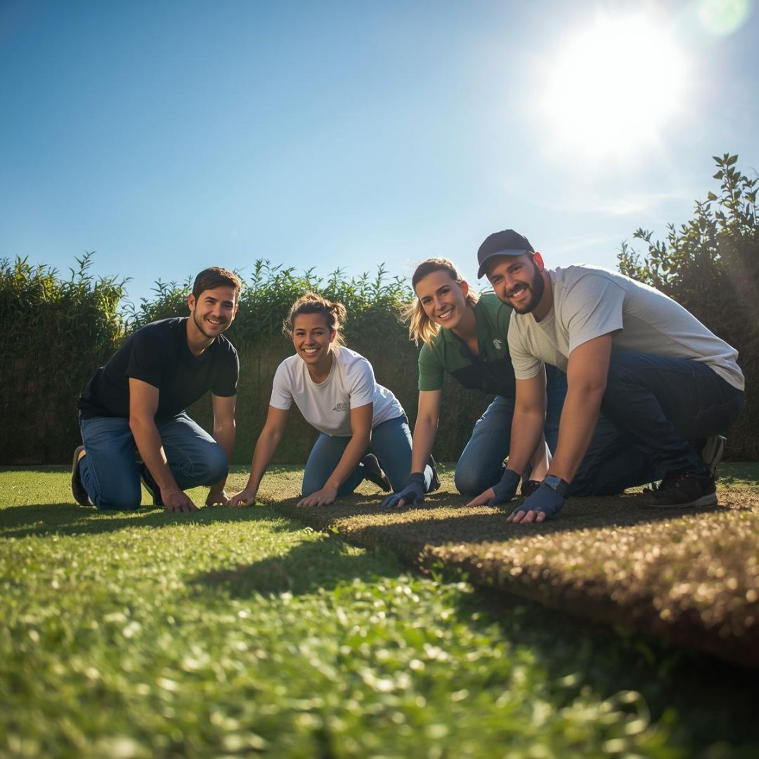 Four people laying fake grass in a sunny yard; they are kneeling with the green grass.