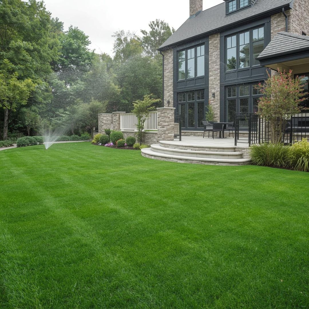 Lush green lawn in front of a modern brick house with a stone patio. Sprinkler system is in use.