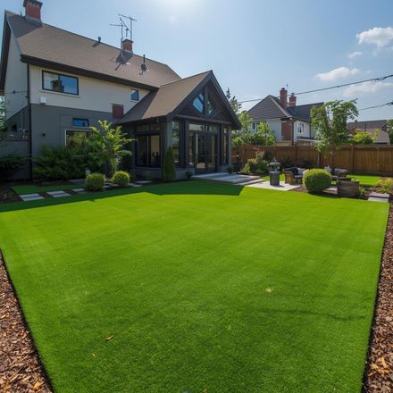 Backyard with green lawn, patio, and two-story house with sunroom.
