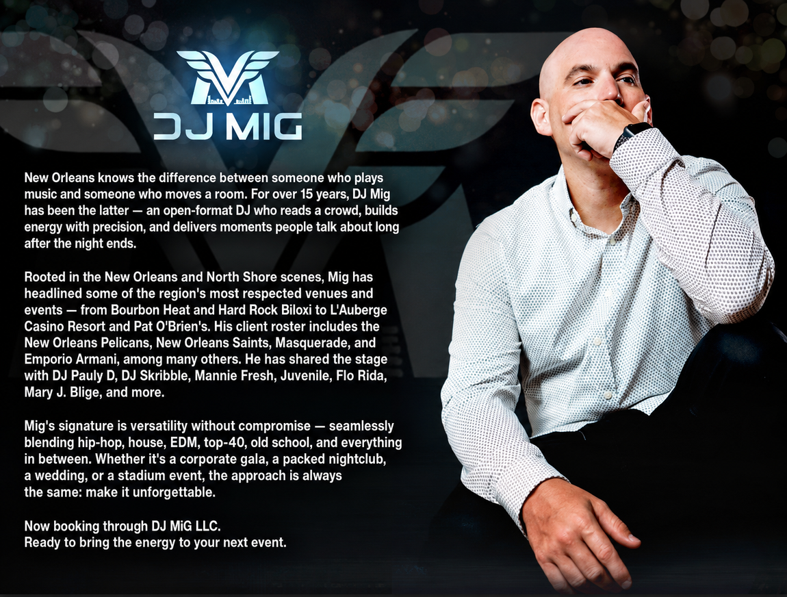 Promo graphic for DJ MIG with a portrait, logo, and event text on a dark background