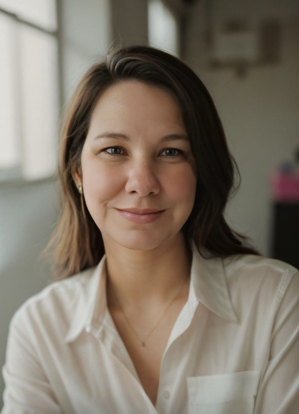 Portrait of a smiling person in a white blouse, standing indoors with a softly blurred background