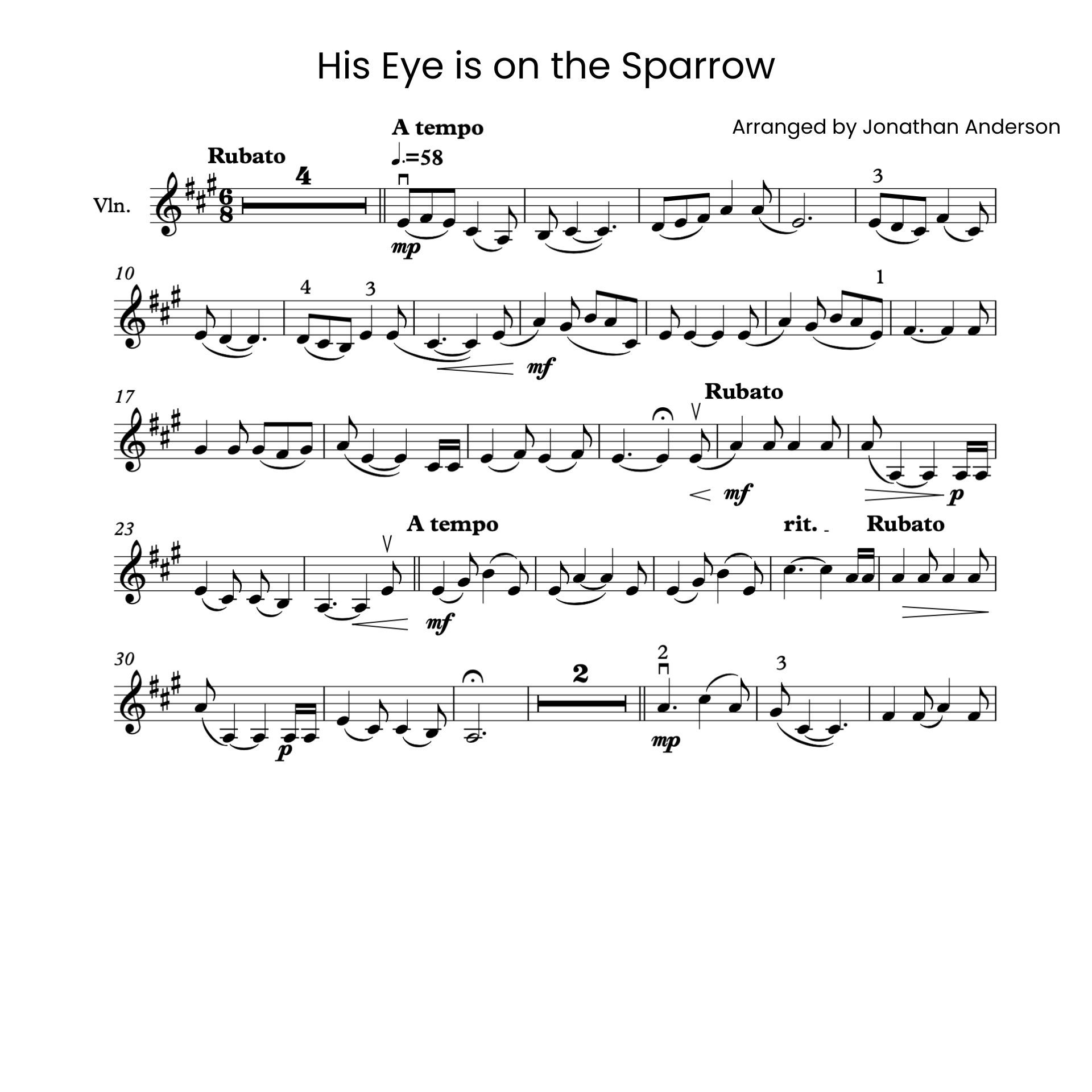 His Eye Is on the Sparrow – Violin Sheet Music (Digital Download)