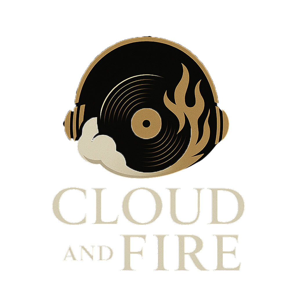 Logo: black and gold vinyl record, flame, and cloud with headphones. Text 