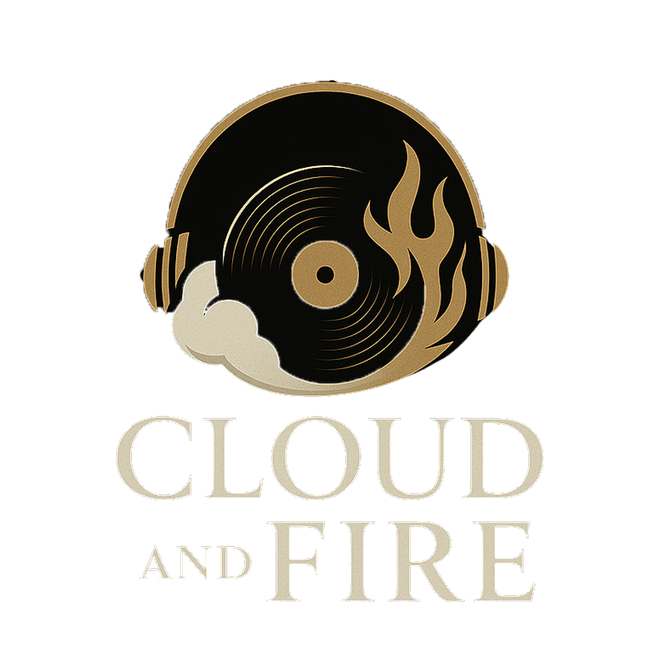 Logo: black and gold vinyl record, flame, and cloud with headphones. Text 