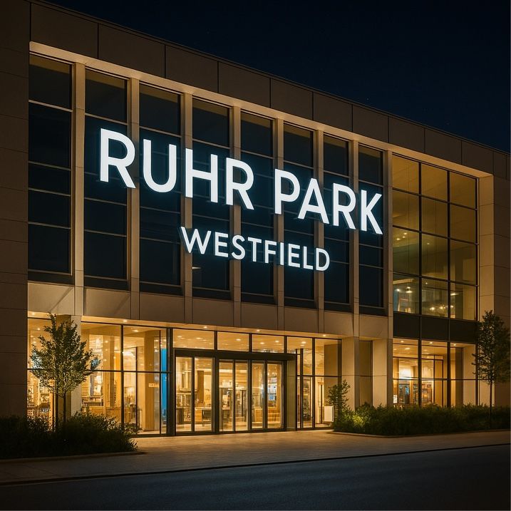 Der Eingang zum Ruhr Park Westfield-Gebäude ist nachts beleuchtet, über dem Eingang befindet sich ein Leuchtschild.