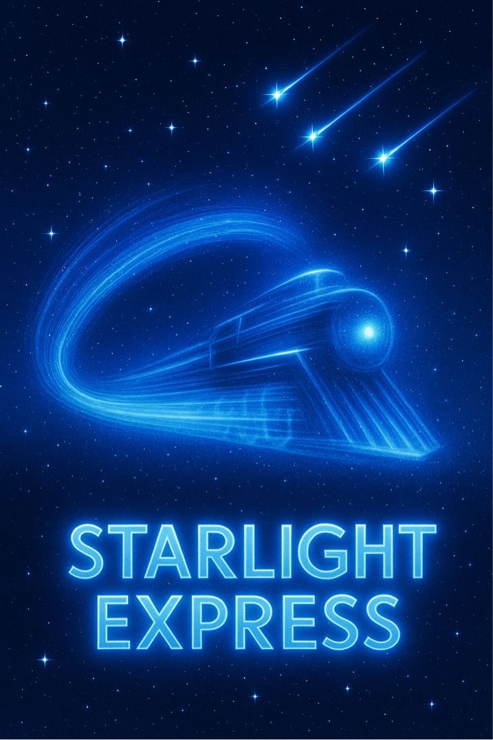 Ein leuchtend blauer Zug rast durch den sternenklaren Nachthimmel, darunter steht „Starlight Express“.