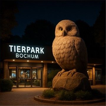 Eingang zum Tierpark Bochum bei Nacht, mit beleuchtetem Schild und großer Eulenstatue.