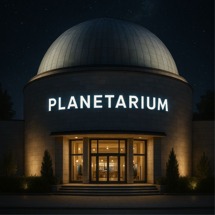Planetariumsgebäude mit beleuchtetem „PLANETARIUM“-Schild. Kuppel und Eingang sind nachts beleuchtet.