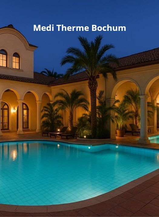 Der Pool der Medi Therme Bochum, einem Kurort, wird nachts von Palmen und einem Gebäude mit Torbögen beleuchtet.