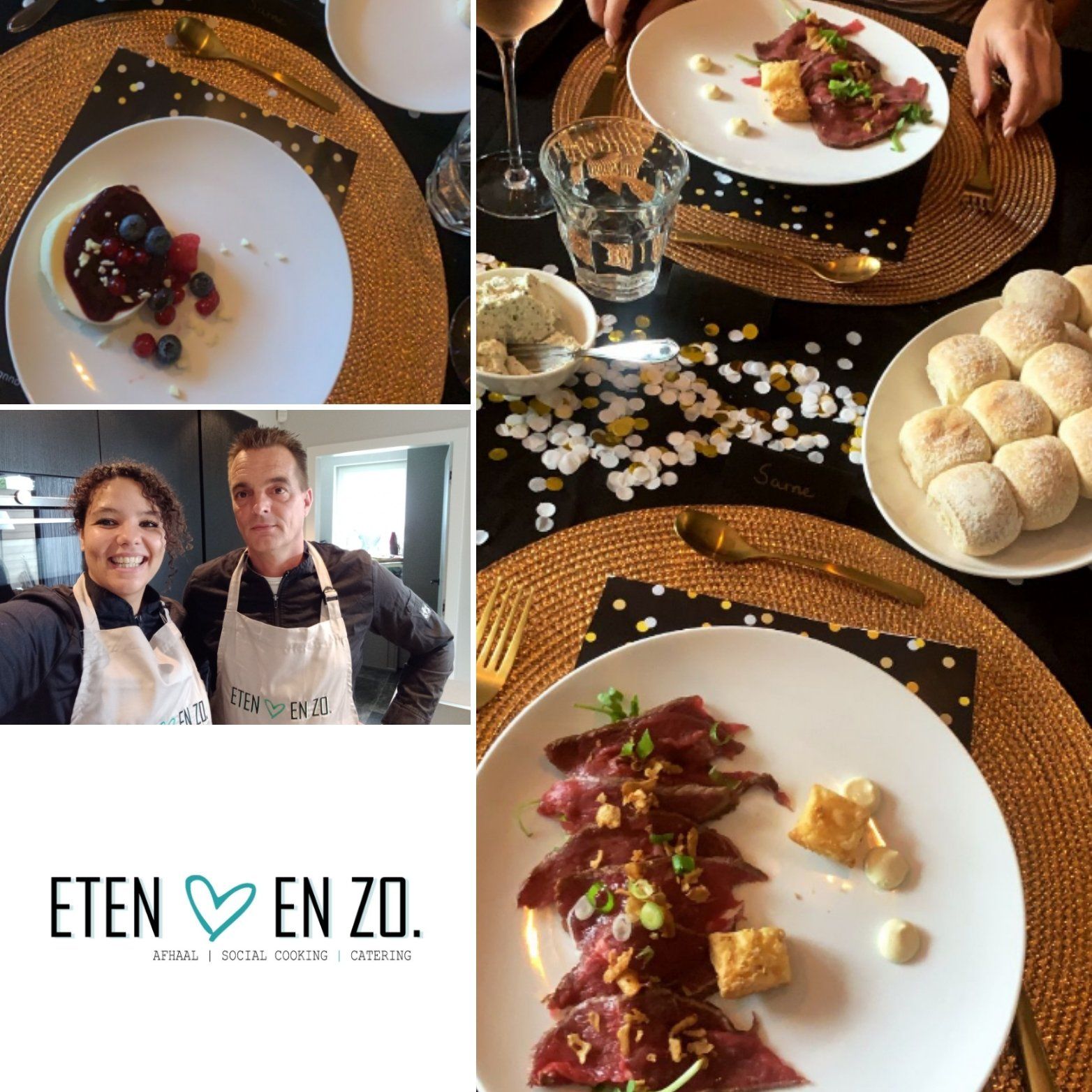 Een collage met daarop een persoon die kookt, een eettafel met carpaccio en broodjes, en het 