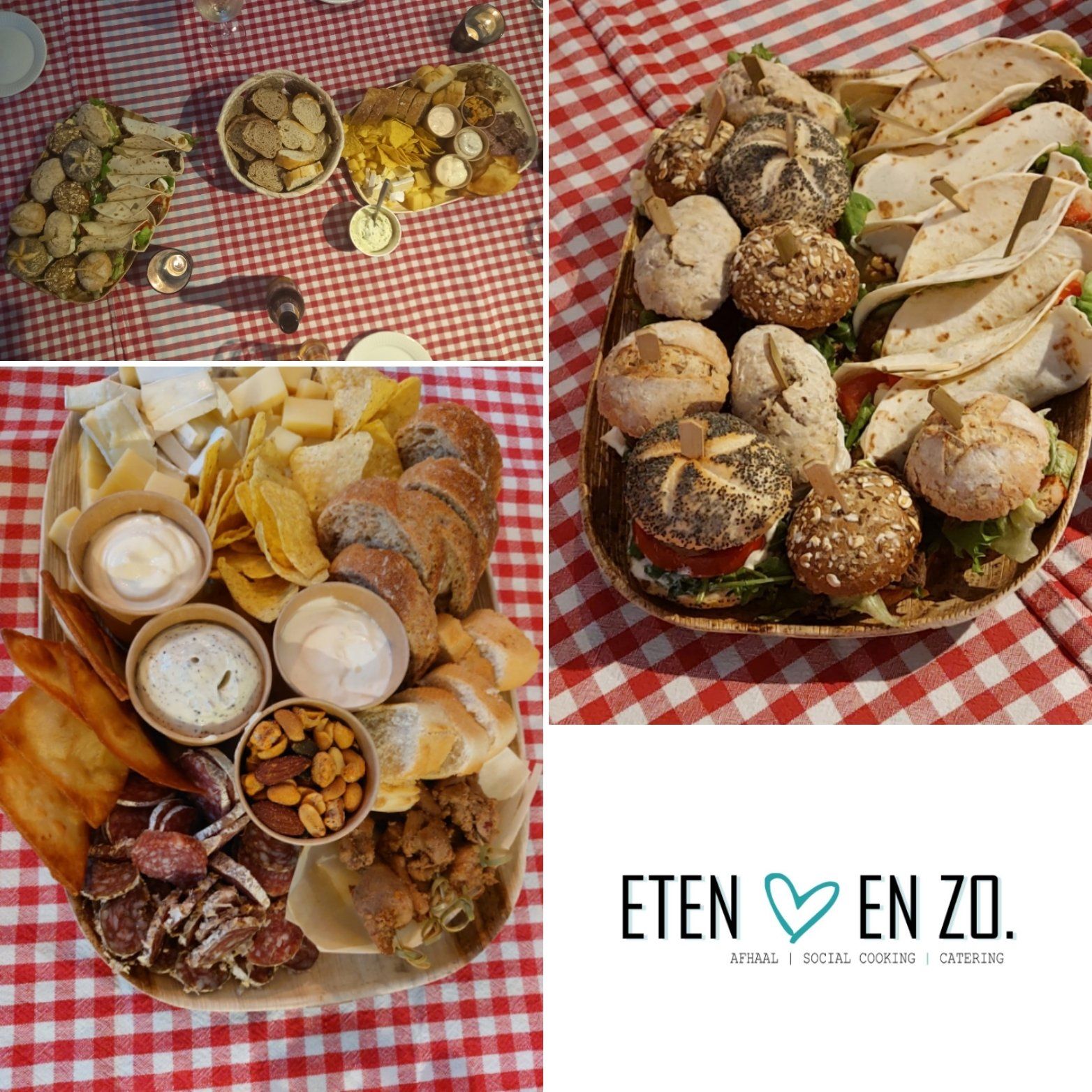 Een cateringbuffet met schalen vol mini-sandwiches, wraps, kaas, vleeswaren en snacks op een roodgeruit tafelkleed.
