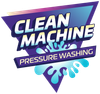 Clean Machine Pressure Washing logo in white, blue, purple, and teal