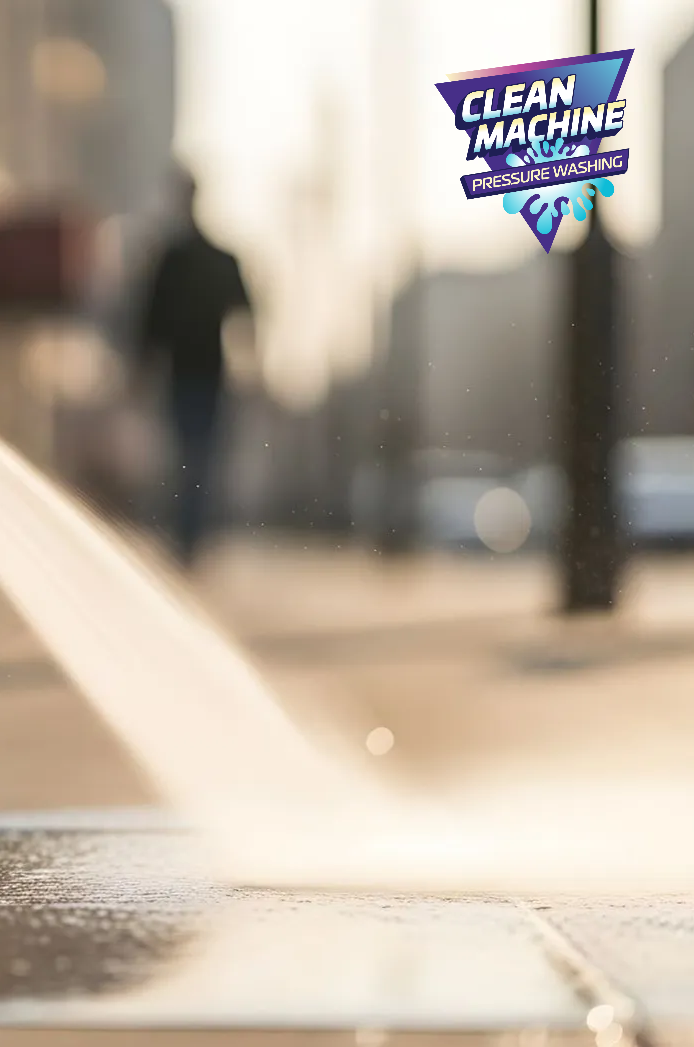 Sunlight streams across a wet sidewalk with a blurred person in the background near a building.