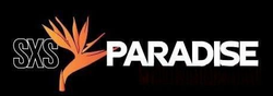 SXS Paradise logo with orange palm tree and white text on black background