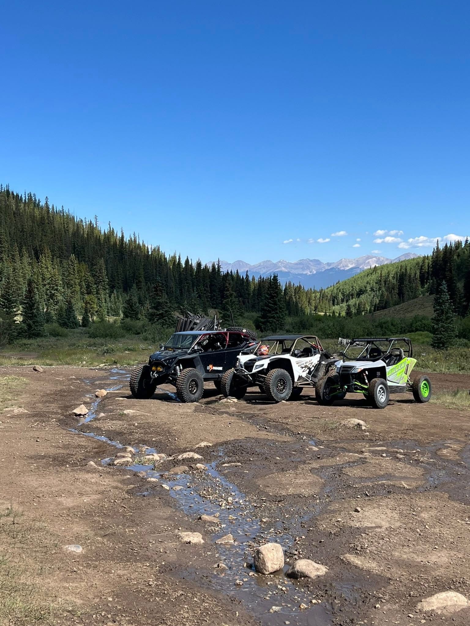 Off-road buggies parked on a rocky trail beside a forested mountain under a clear blue sky