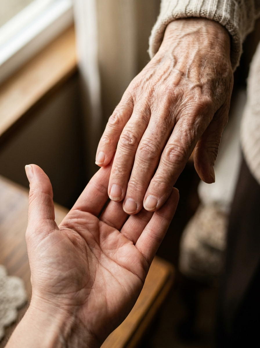 Zwei Hände berühren sich sanft, eine ältere Hand ruht auf der Handfläche einer jüngeren am Fenster