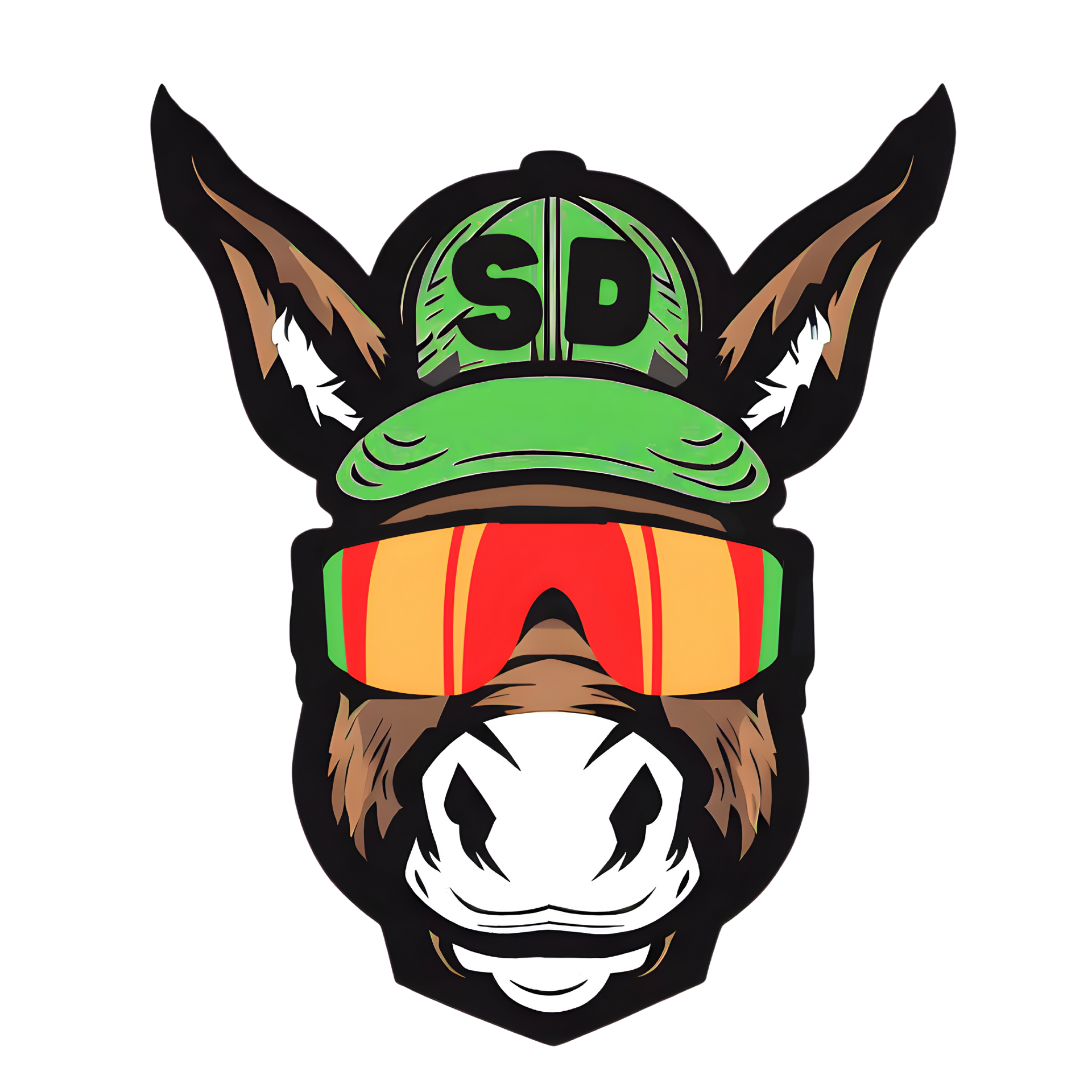 A donkey wearing a green hat and goggles.