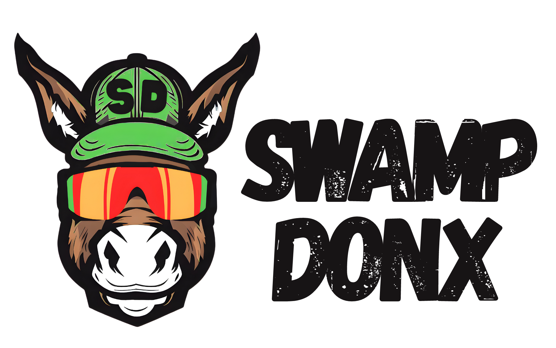 The logo for swamp donx shows a donkey wearing a green hat and goggles.